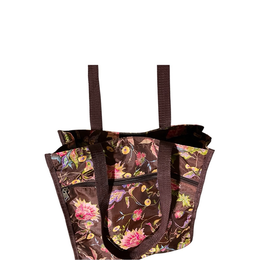 Colorful Floral and Brown Shopper Tote Bag With Additional Small Zip Pouch